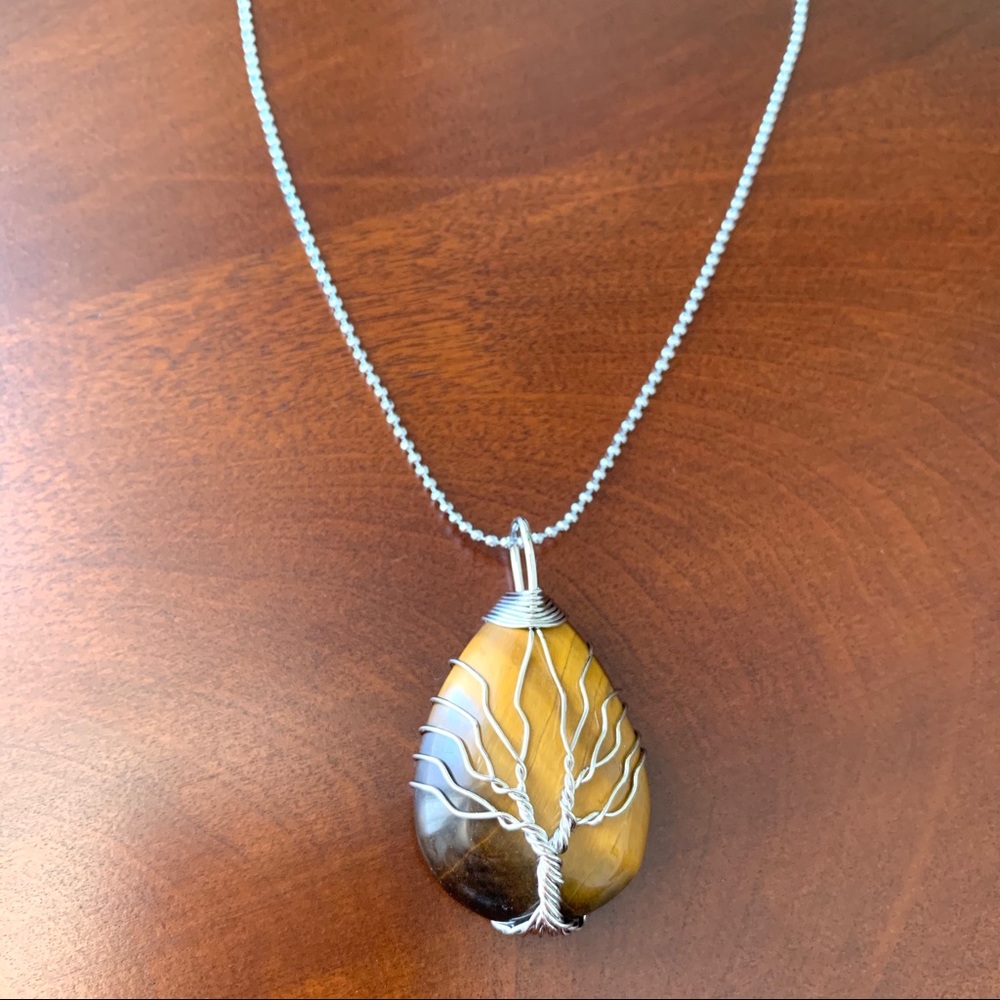 Natural stone silver wire wrapped necklace